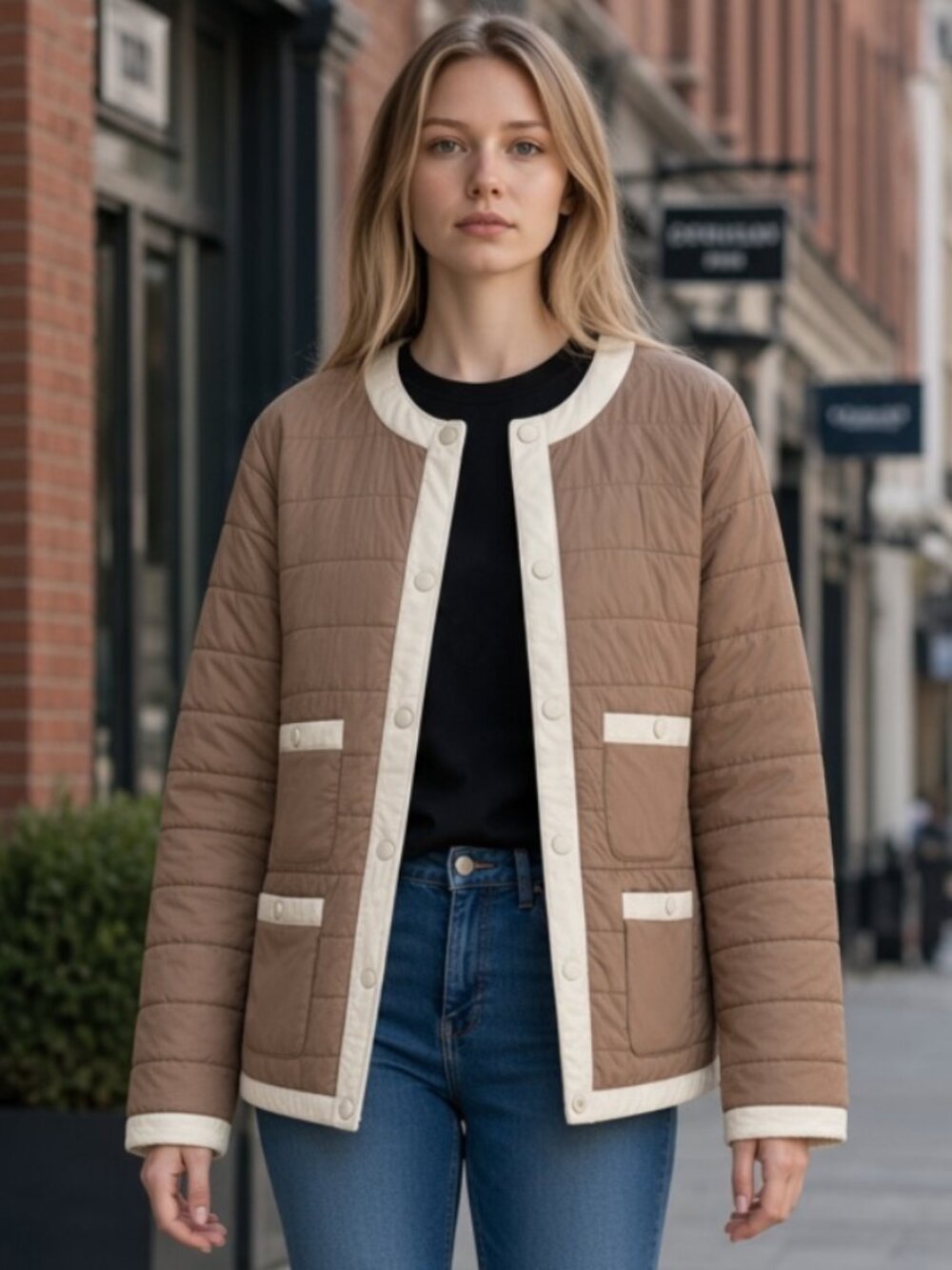 Talbots Quilted Jacket Size S Camel Tan Cream Trim Lightweight Button Front NWT